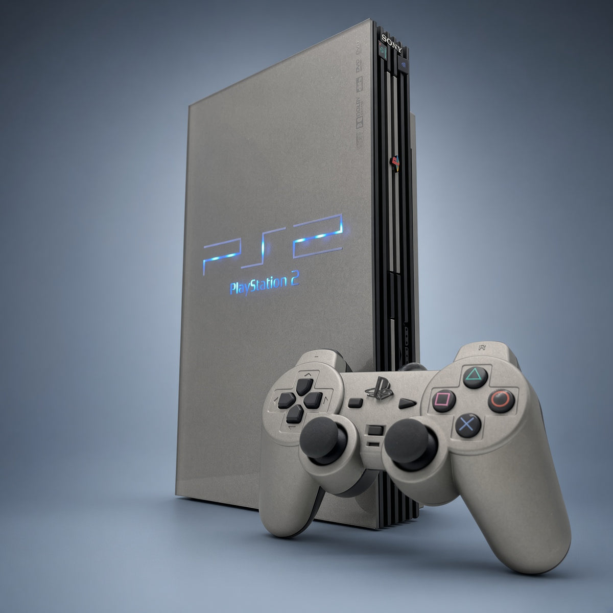 PS2 Fat restored console silver panel with cyan logo glow